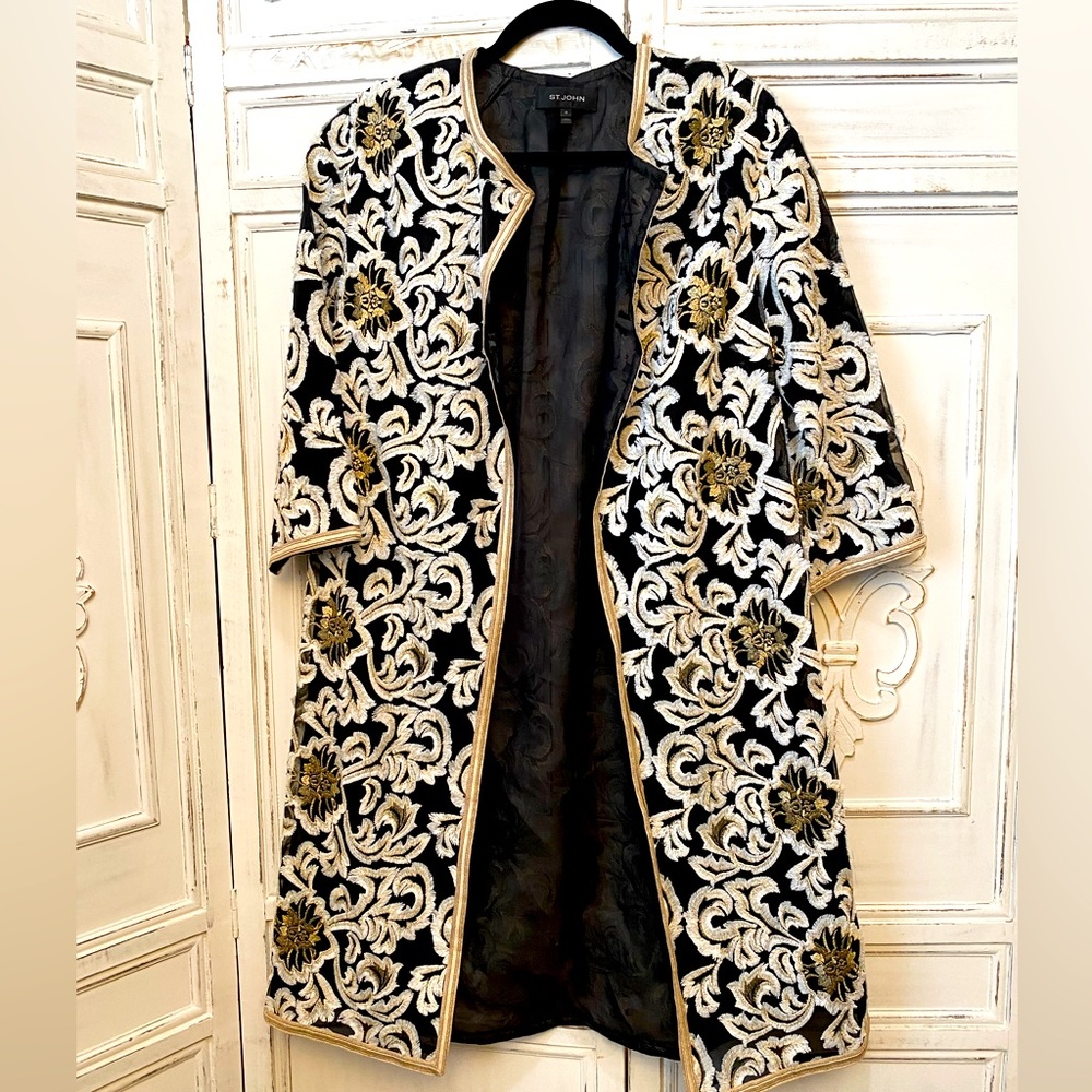 St. John Duster Jacket Longline Black White Gold Floral Feather Fringe Size 10